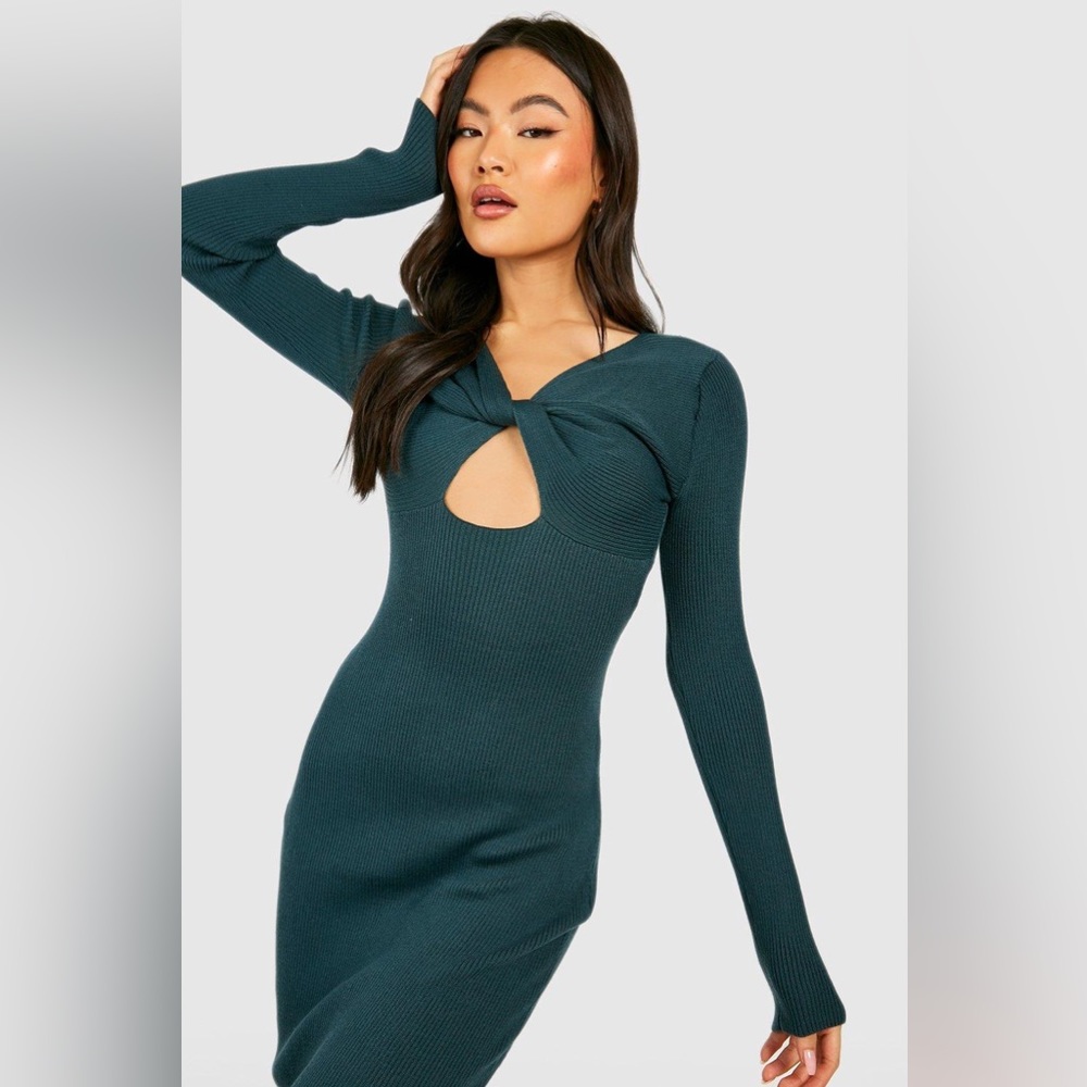 BOOHOO, Premium Rib Knit Twist Front Midaxi Dress